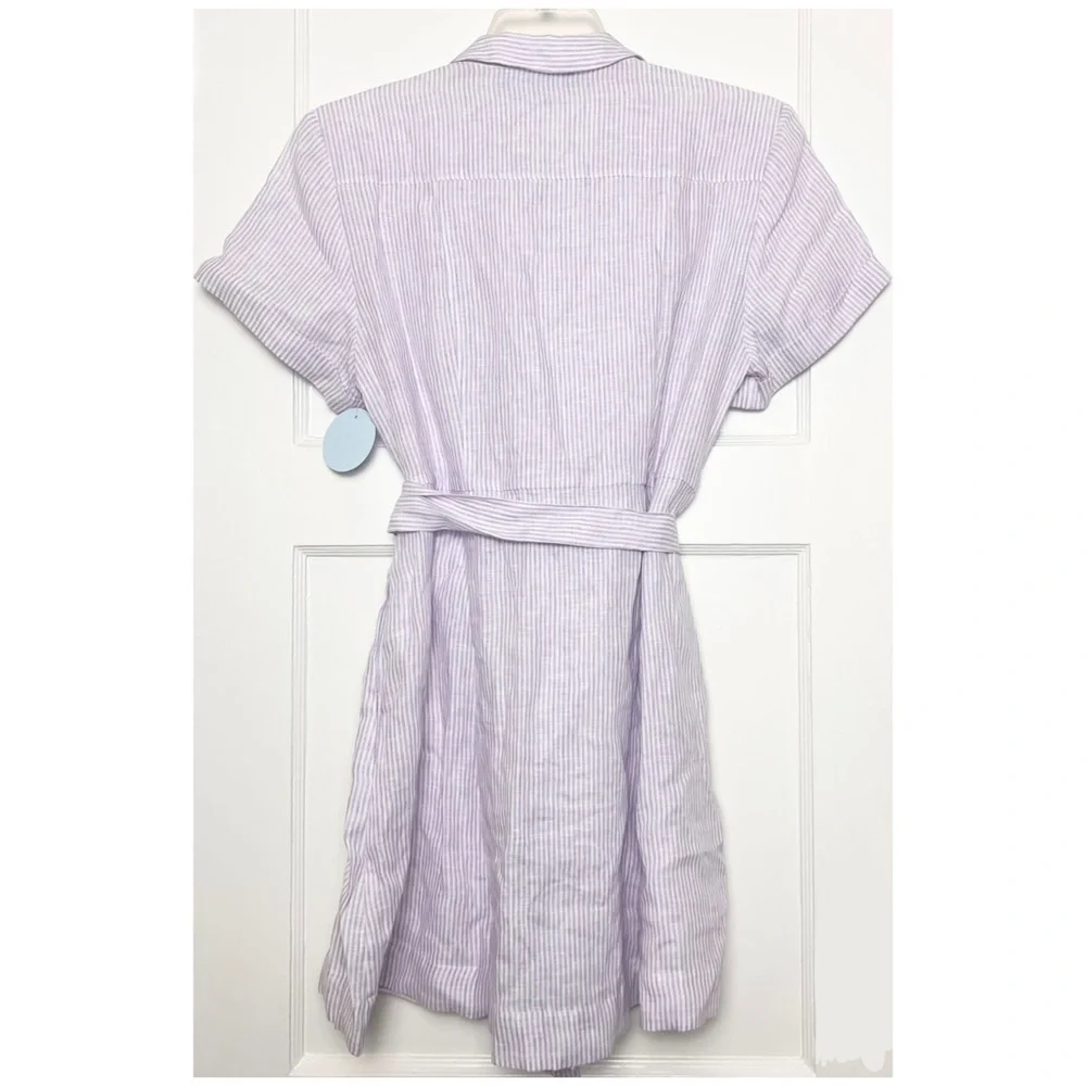 NWT HILL HOUSE Linen Lilac Stripe Short Sleeve Tie Waist Button Up Shirt Dress L - Picture 4 of 8